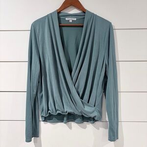 Green Envelope Sage Wrap Top XL Soft Drape Long Sleeve Minimal Chic
